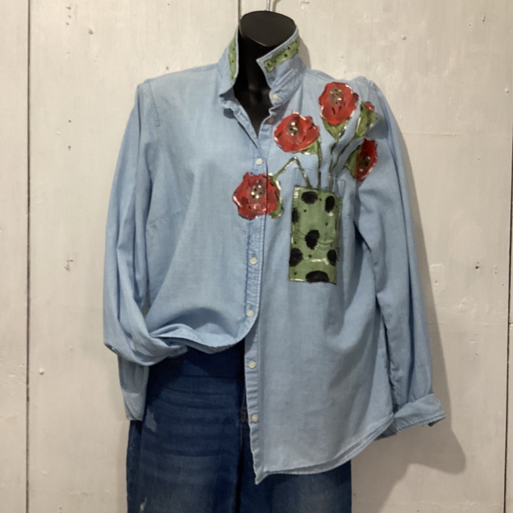 J. Crew Blue Button Down Shirt with Red Floral Embellishments